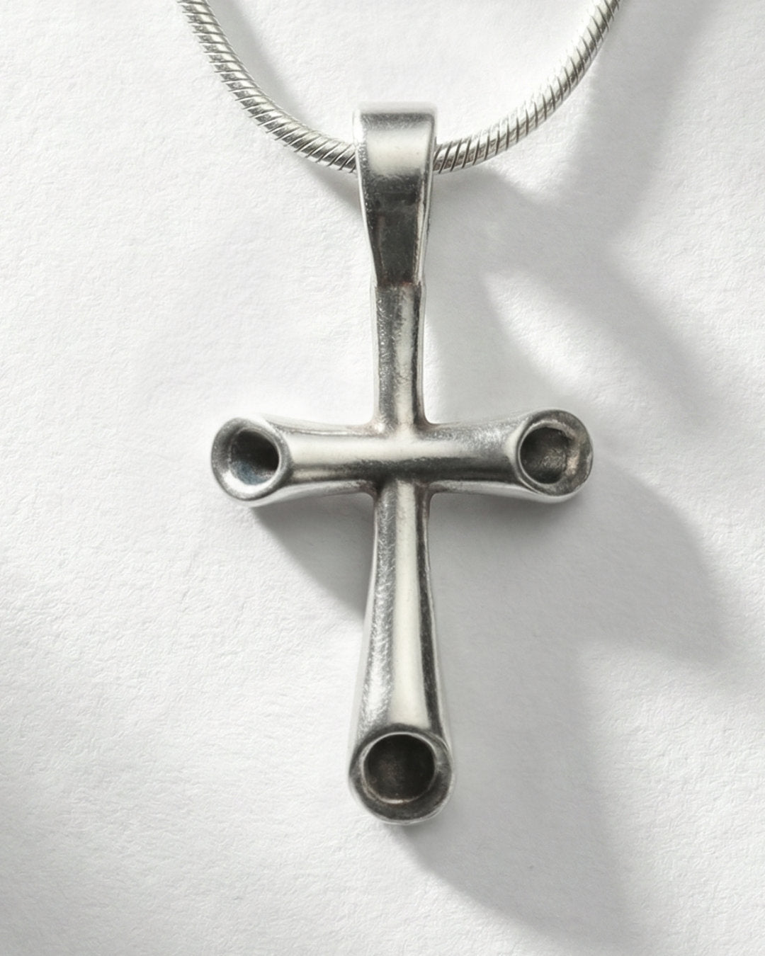 Cane Cross pendant worn, silver with snake chain