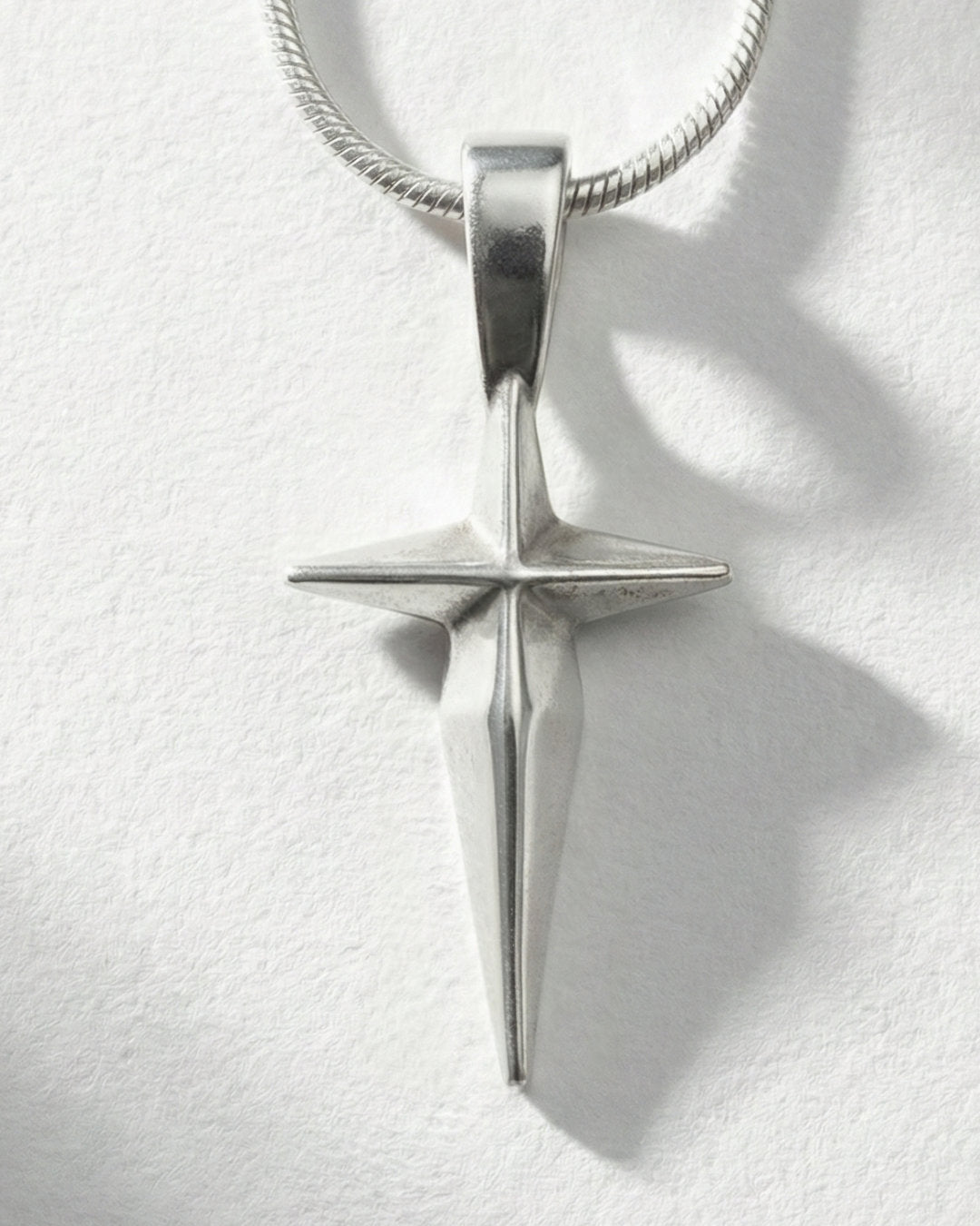 Coffin Cross pendant worn, silver with snake chain
