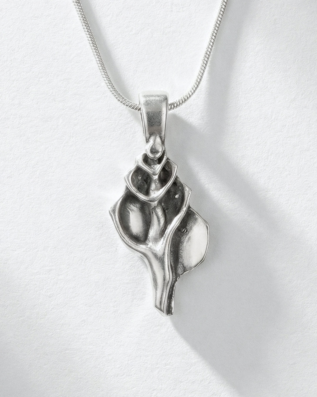 Silver shell pendant on a white background
