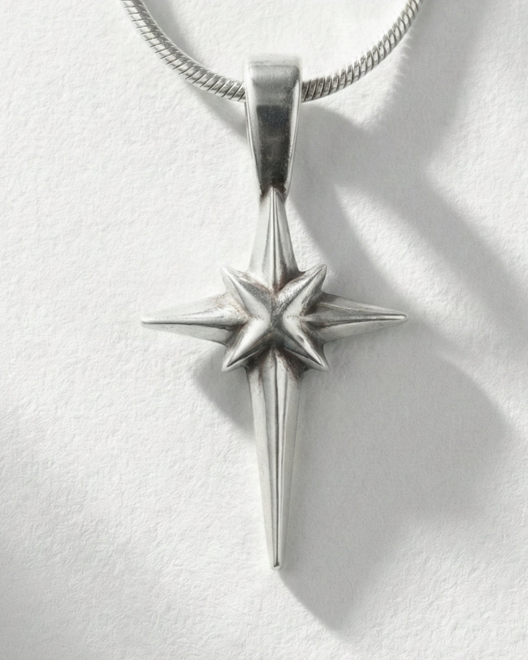 Guspira Cross pendant detail, silver with snake chain
